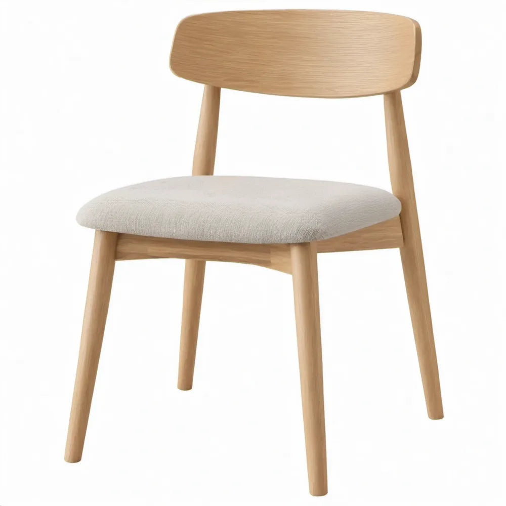 Scandinavische eetkamerstoel met rugleuning, naturel eikenhout en beige bekleding, 48 x 54 x 78 cm