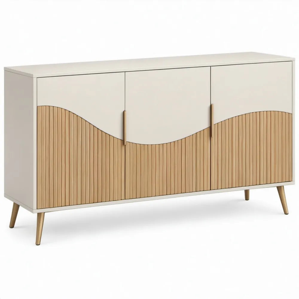 Dressoir 160 x 40 x 85 cm in Wit en Naturel MDF met Bamboe, 3 Deuren