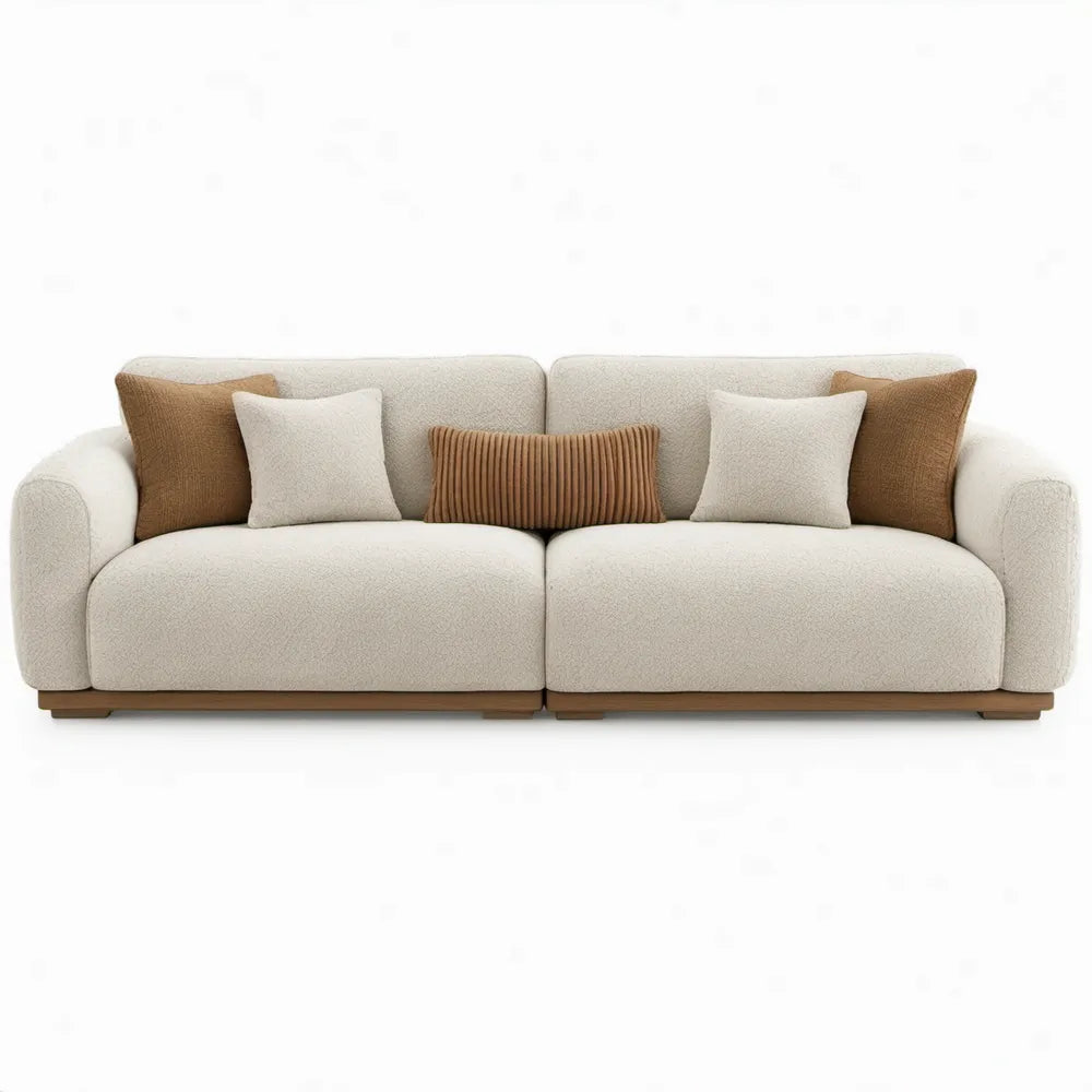 Crèmekleurige 3-zitsbank van bouclé 240 x 100 x 78 cm met walnootbruine plint
