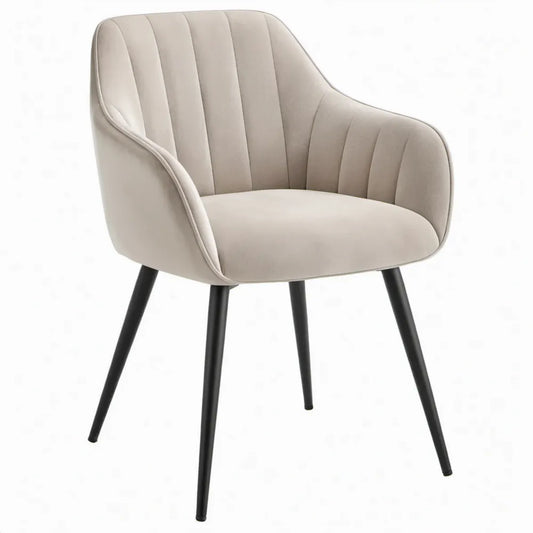Beige fluwelen armstoel met zwarte stalen poten, 58 x 62 x 82 cm