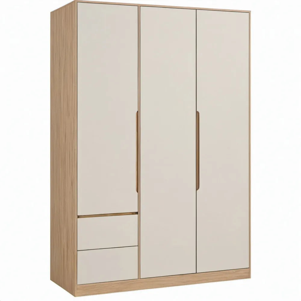 3-deurs kledingkast met 2 lades, 5 planken en hanggedeelte, 120 x 52 x 200 cm, Crème/Eikenkleurig