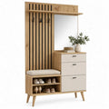Eikenkleurige halcombinatie met spiegel, zitkussen, 3 lades en schoenenopberging – 100 x 35 x 190 cm