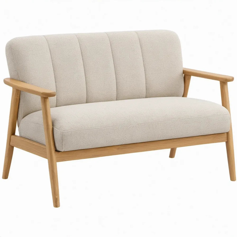 2-zitsbank met armleuningen, crème polyester en naturel rubberhout, 122 x 75 x 80 cm