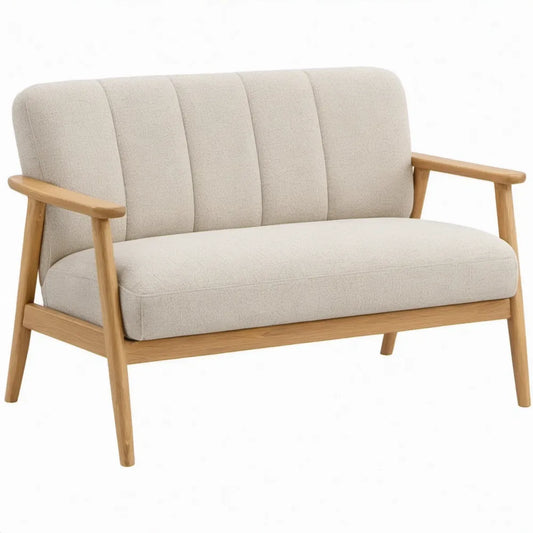 2-zitsbank met armleuningen, crème polyester en naturel rubberhout, 122 x 75 x 80 cm