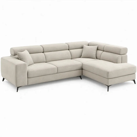 Beige hoekbank met rechter chaise longue, 270 x 165 x 85 cm, polyester en metalen poten