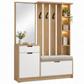 Halmeubel met spiegel, zitbank, opbergladen en haken – 120 x 40 x 190 cm – Eikenkleurig/Wit/Zwart/Grijs