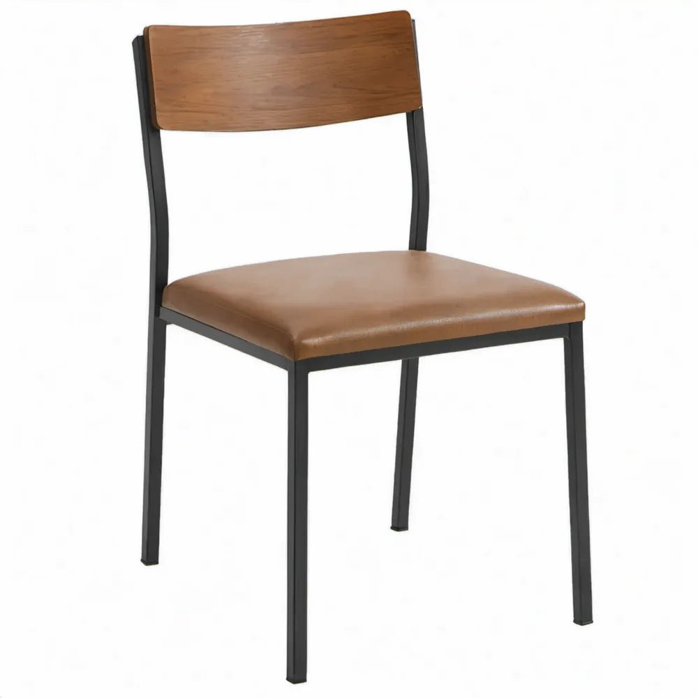 Eetkamerstoel van bruin PU-kunstleer met walnootkleurige rugleuning en zwart stalen frame, 43 x 52 x 82 cm