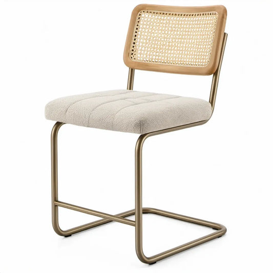 Eetkamerstoel 52 x 58 x 82 cm met bouclé zitting, rotan rugleuning en goudkleurig sledeframe